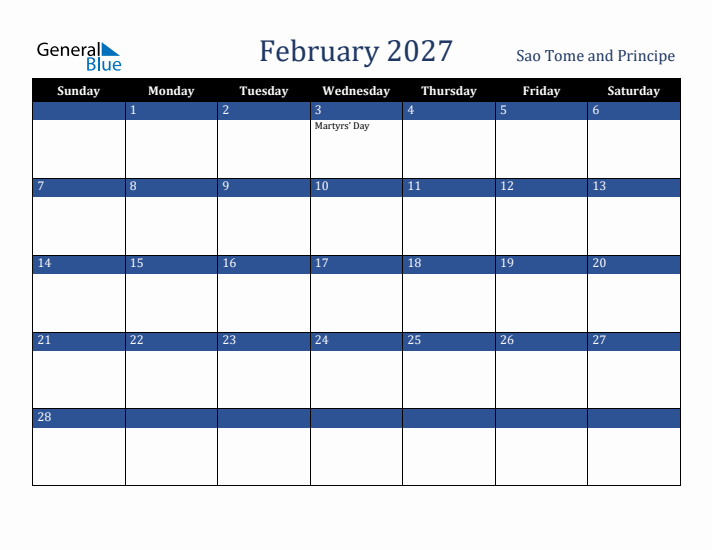 February 2027 Sao Tome and Principe Calendar (Sunday Start)