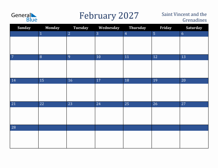 February 2027 Saint Vincent and the Grenadines Calendar (Sunday Start)