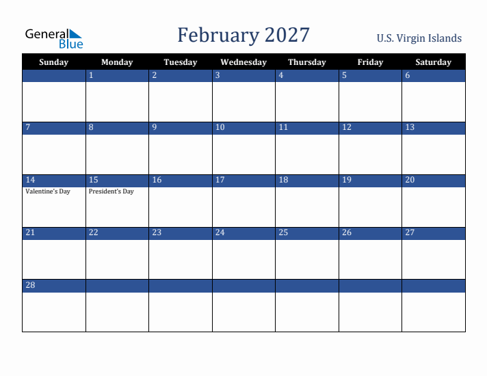 February 2027 U.S. Virgin Islands Calendar (Sunday Start)