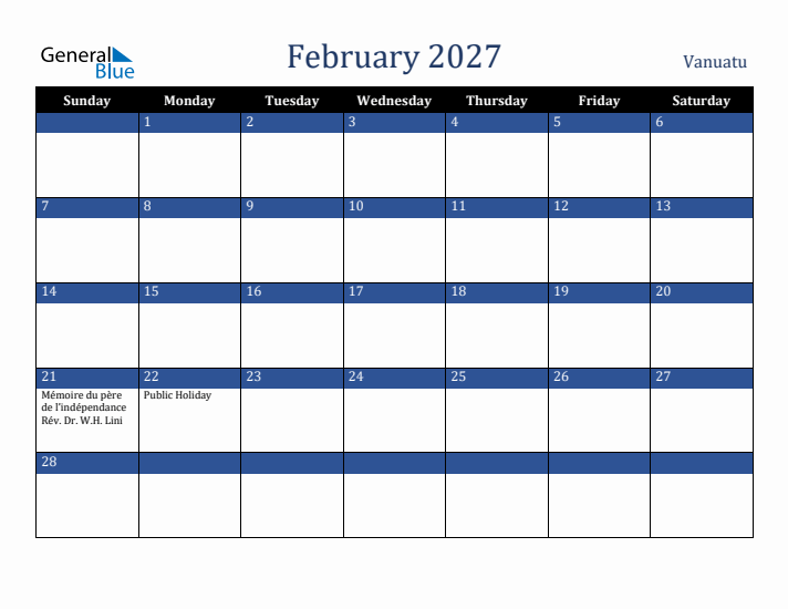 February 2027 Vanuatu Calendar (Sunday Start)
