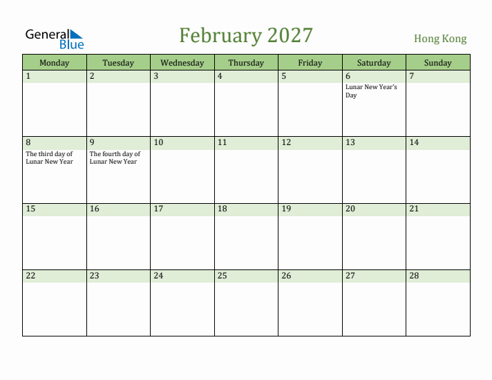 February 2027 Calendar with Hong Kong Holidays