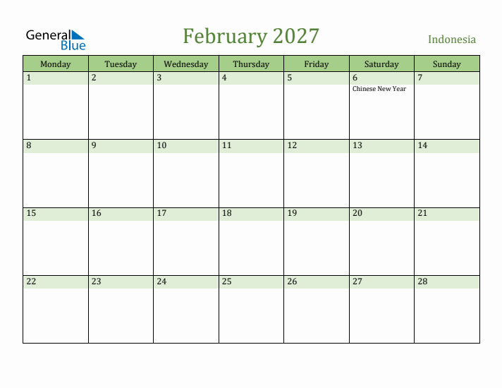 February 2027 Calendar with Indonesia Holidays
