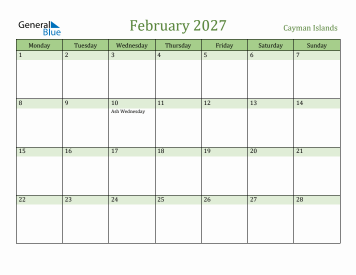 February 2027 Calendar with Cayman Islands Holidays