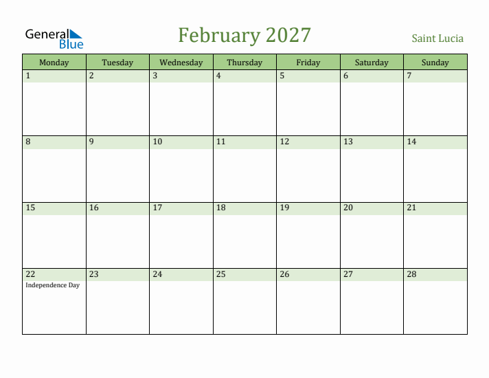 February 2027 Calendar with Saint Lucia Holidays
