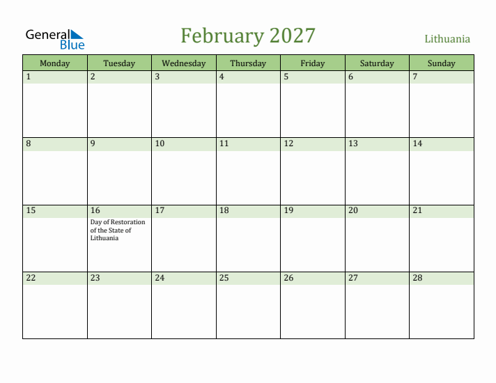 February 2027 Calendar with Lithuania Holidays