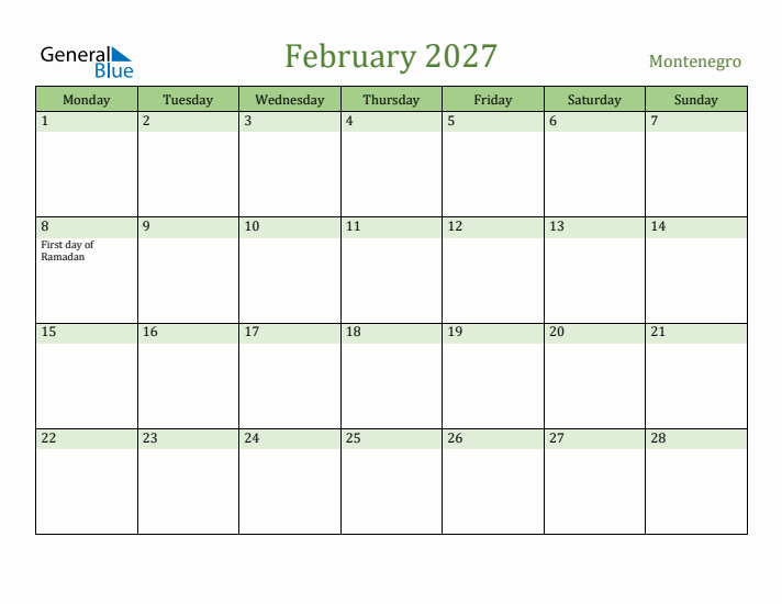 February 2027 Calendar with Montenegro Holidays