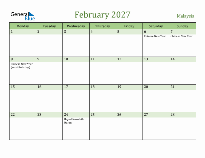 February 2027 Calendar with Malaysia Holidays