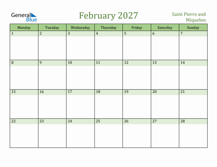 February 2027 Calendar with Saint Pierre and Miquelon Holidays
