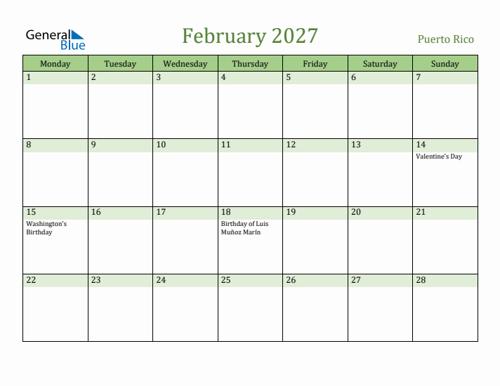 February 2027 Calendar with Puerto Rico Holidays