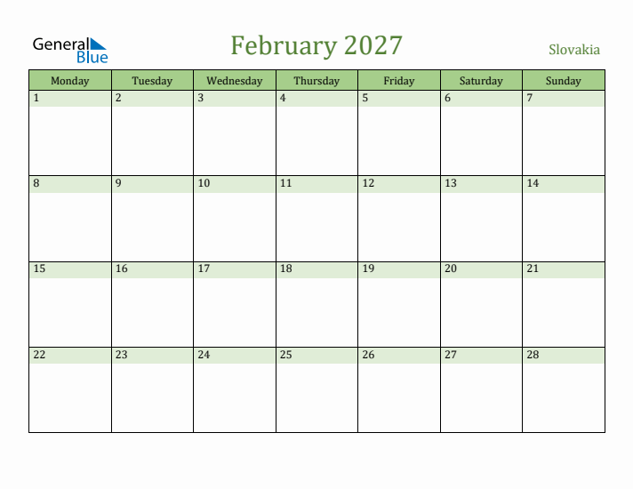 February 2027 Calendar with Slovakia Holidays