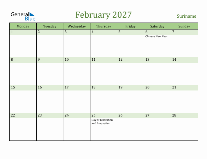 February 2027 Calendar with Suriname Holidays