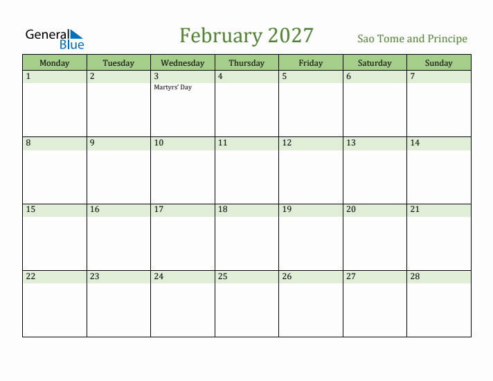 February 2027 Calendar with Sao Tome and Principe Holidays