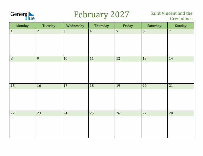 February 2027 Calendar with Saint Vincent and the Grenadines Holidays