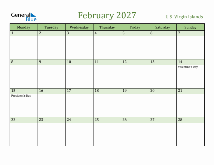 February 2027 Calendar with U.S. Virgin Islands Holidays