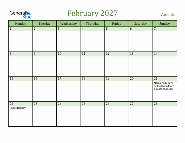 February 2027 Calendar with Vanuatu Holidays