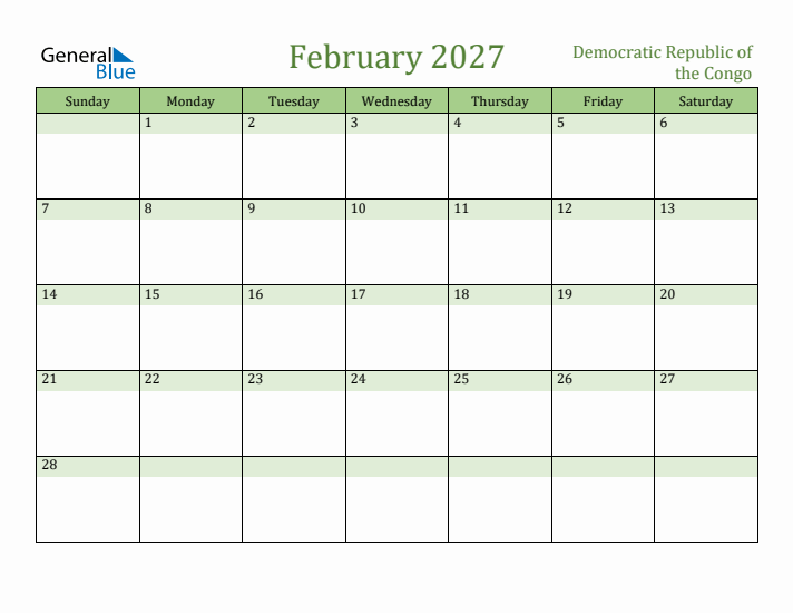 February 2027 Calendar with Democratic Republic of the Congo Holidays