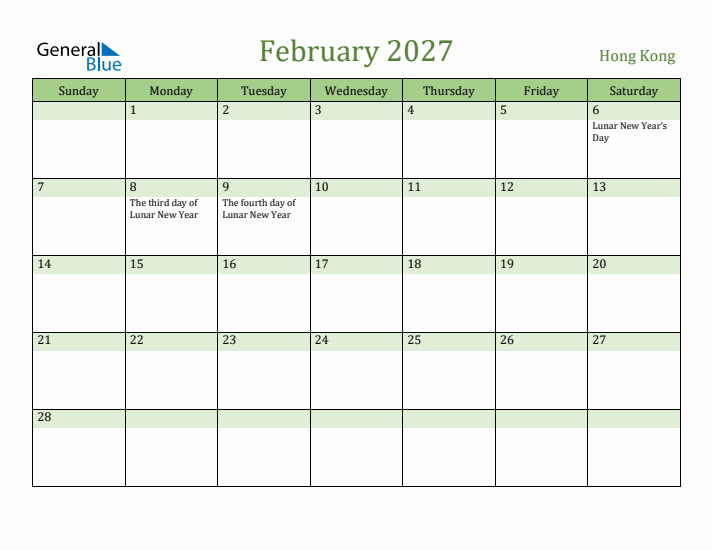 February 2027 Calendar with Hong Kong Holidays
