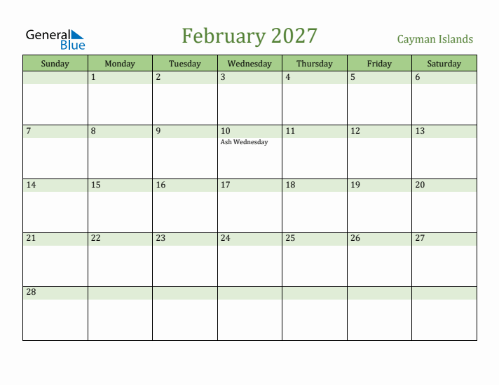 February 2027 Calendar with Cayman Islands Holidays