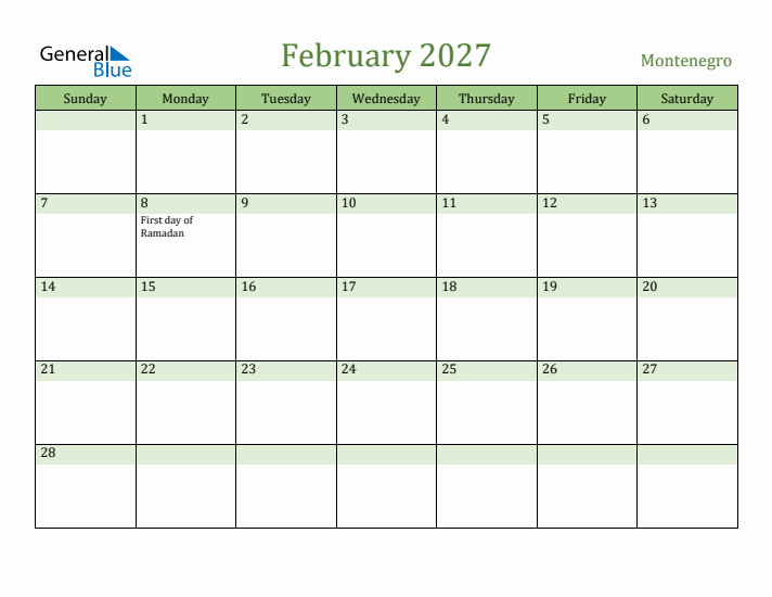 February 2027 Calendar with Montenegro Holidays