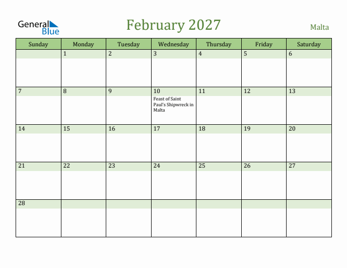 February 2027 Calendar with Malta Holidays
