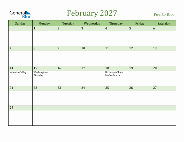 February 2027 Calendar with Puerto Rico Holidays
