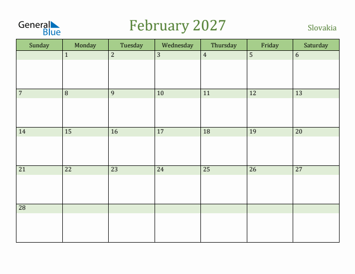 February 2027 Calendar with Slovakia Holidays