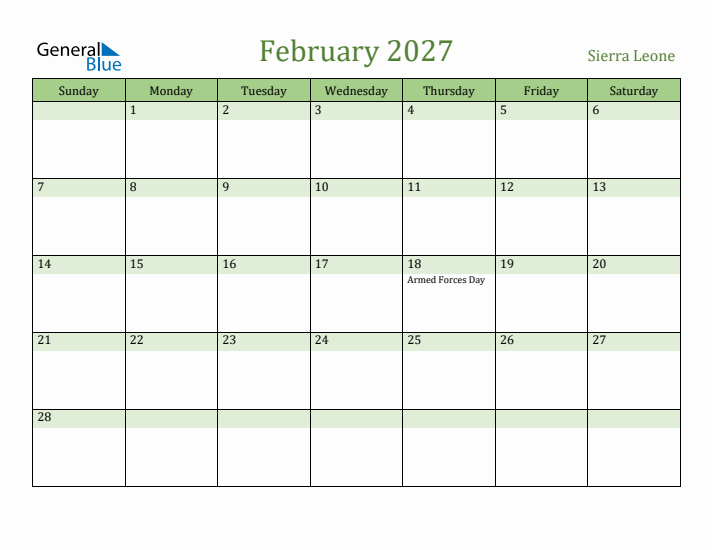 February 2027 Calendar with Sierra Leone Holidays
