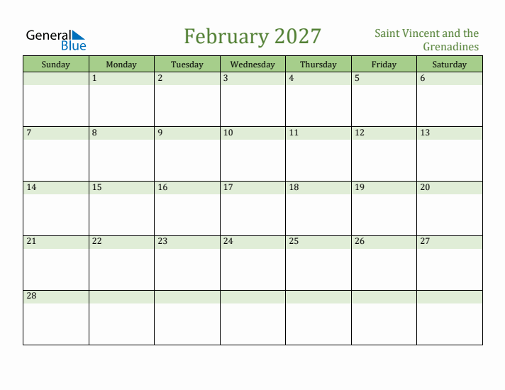 February 2027 Calendar with Saint Vincent and the Grenadines Holidays