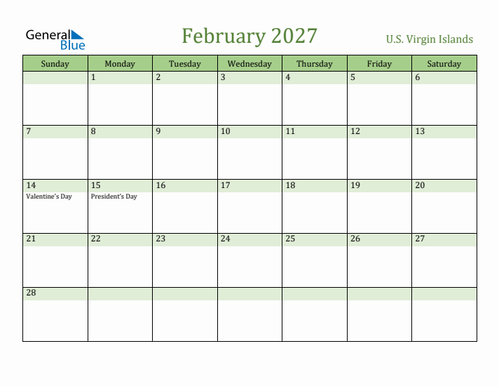 February 2027 Calendar with U.S. Virgin Islands Holidays