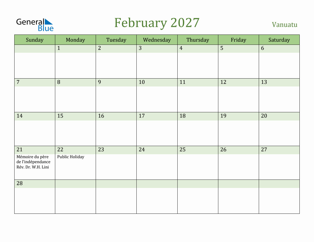 Fillable Holiday Calendar for Vanuatu - February 2027