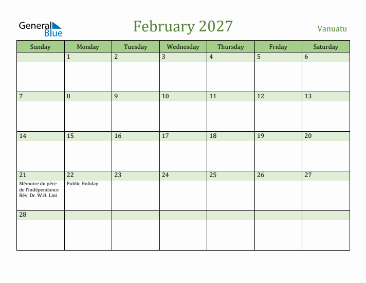 February 2027 Calendar with Vanuatu Holidays