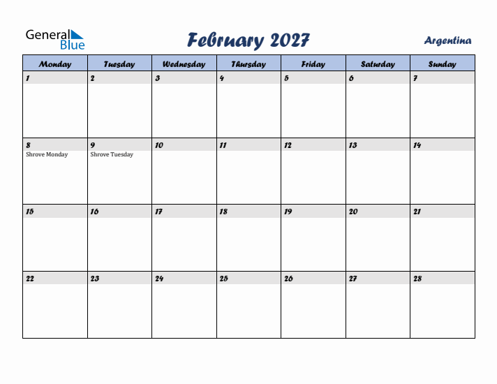 February 2027 Calendar with Holidays in Argentina