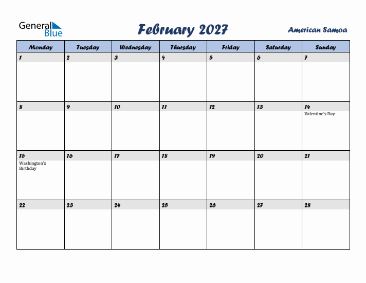 February 2027 Calendar with Holidays in American Samoa