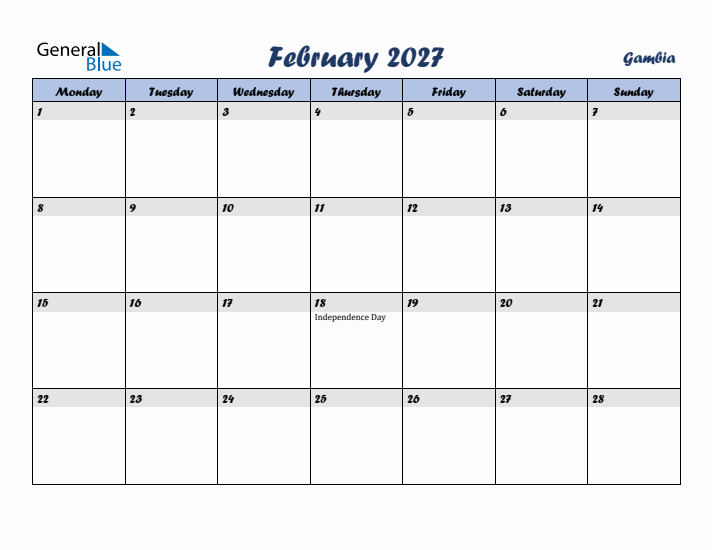 February 2027 Calendar with Holidays in Gambia