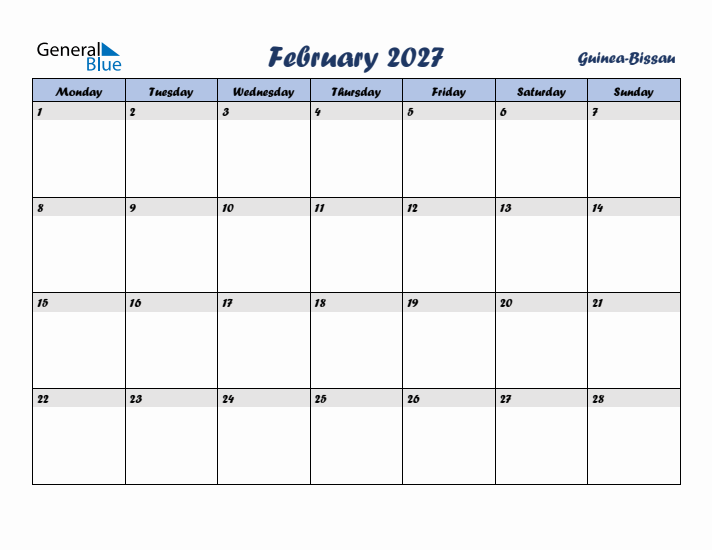 February 2027 Calendar with Holidays in Guinea-Bissau