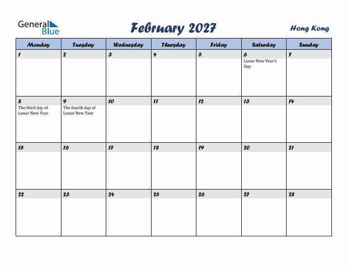 February 2027 Calendar with Holidays in Hong Kong
