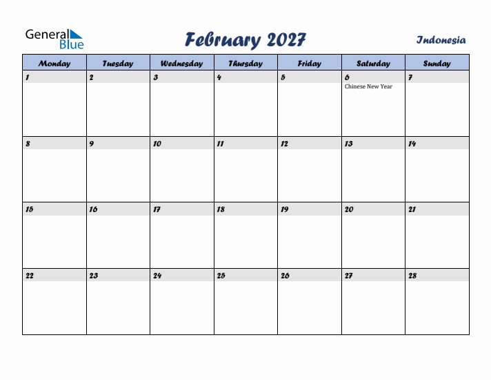 February 2027 Calendar with Holidays in Indonesia