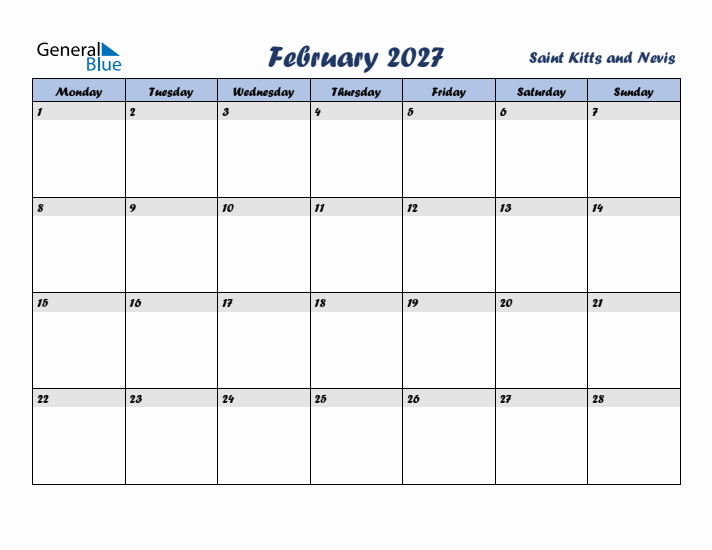 February 2027 Calendar with Holidays in Saint Kitts and Nevis