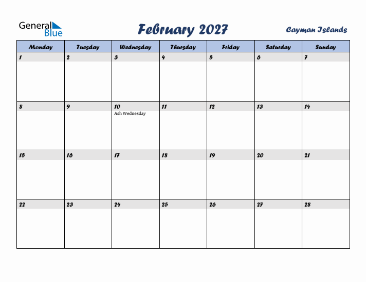 February 2027 Calendar with Holidays in Cayman Islands