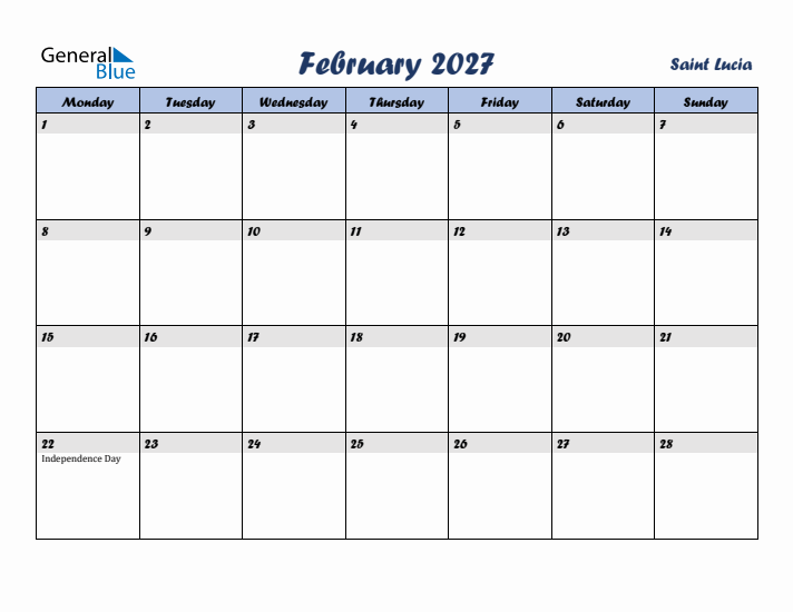 February 2027 Calendar with Holidays in Saint Lucia