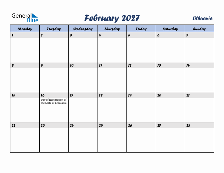 February 2027 Calendar with Holidays in Lithuania