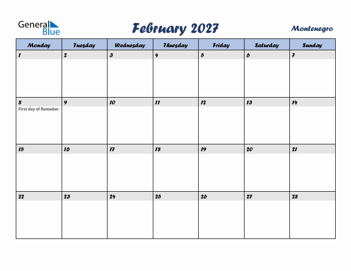 February 2027 Calendar with Holidays in Montenegro