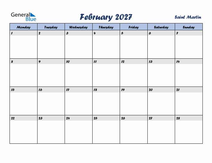 February 2027 Calendar with Holidays in Saint Martin