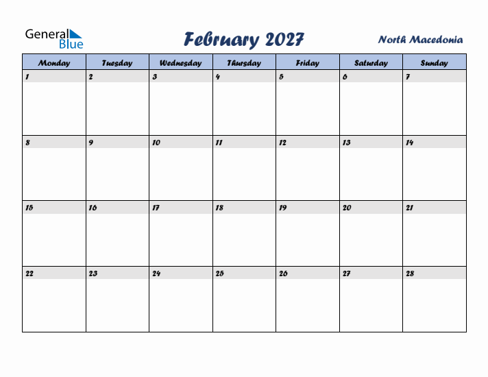 February 2027 Calendar with Holidays in North Macedonia