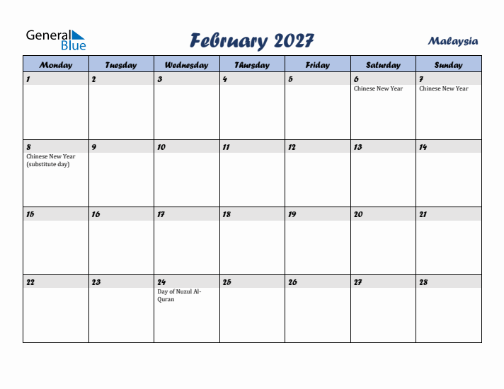February 2027 Calendar with Holidays in Malaysia