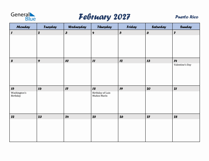 February 2027 Calendar with Holidays in Puerto Rico