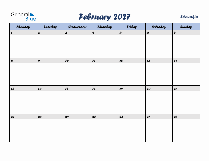 February 2027 Calendar with Holidays in Slovakia