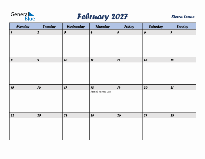 February 2027 Calendar with Holidays in Sierra Leone