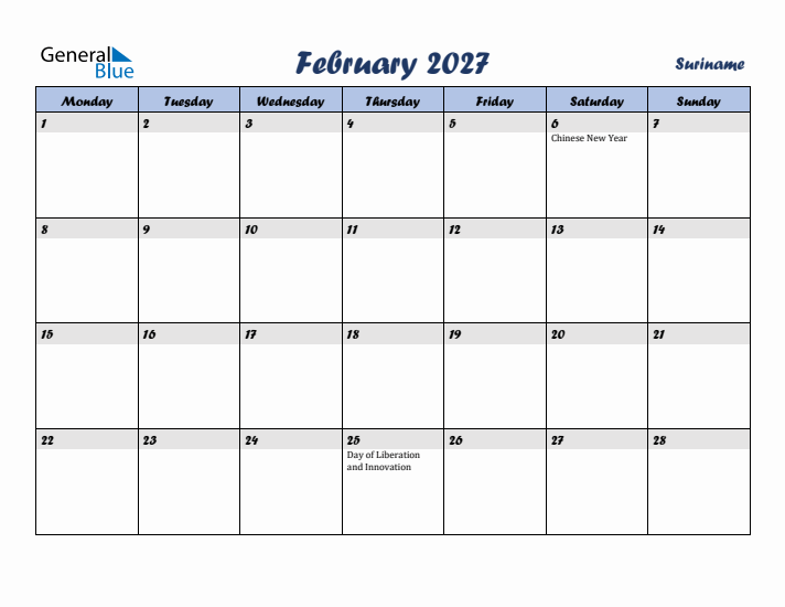 February 2027 Calendar with Holidays in Suriname