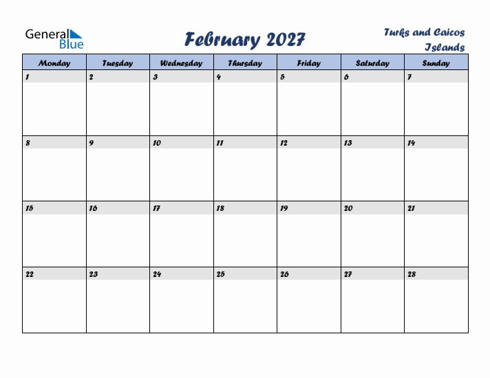February 2027 Calendar with Holidays in Turks and Caicos Islands